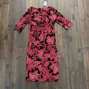 Tommy Hilfiger Red & Black Paisley Jersey Midi Dress 4 NWT